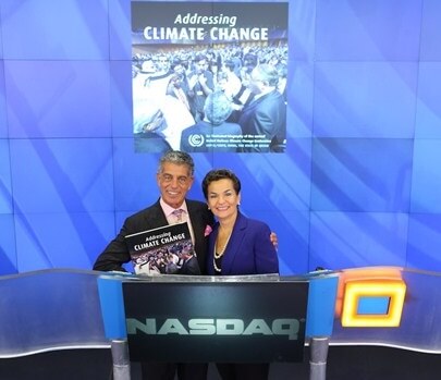 Photographer Henry Dallal and UNFCCC Executive Secretary Christiana Figueres at NASDAQ Opening Bell on 25 September 2015