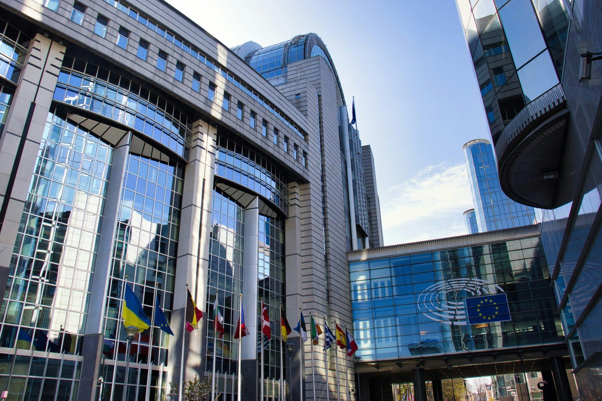 European Parliament Bilding with flags in Brussels